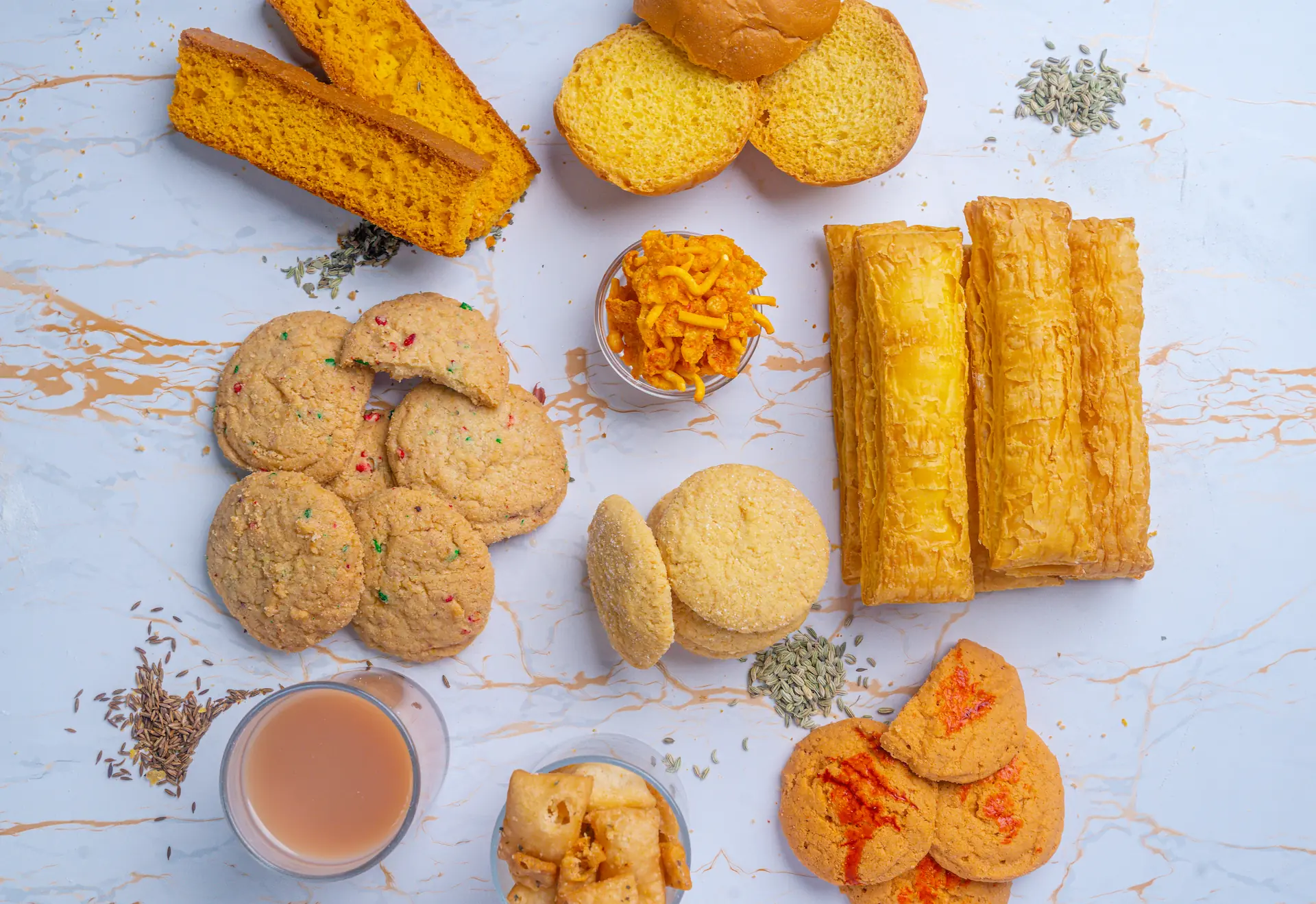 A spread of indian bakery snacks on a table including biscuits, puffs, rusks, and para